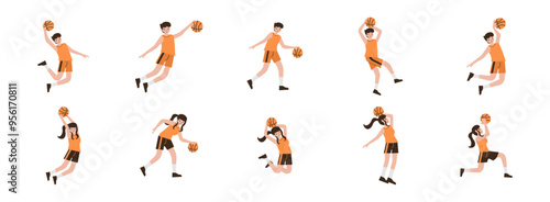 Basketball Sport Player flat illustration set. Include of basketball player, athlete, training player, slam dunk, and goal shot. Vector illustration isolated transparent background