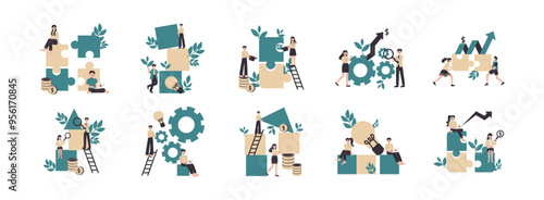 Team Strategy business concept flat illustration set. Include of effective teamwork, business team, brainstorm and project management. Vector illustration isolated transparent background