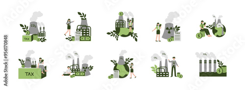 Tax Carbon flat illustration set. Include of eco energy, factory, emission carbon, and industrial plant. Vector illustration isolated transparent background