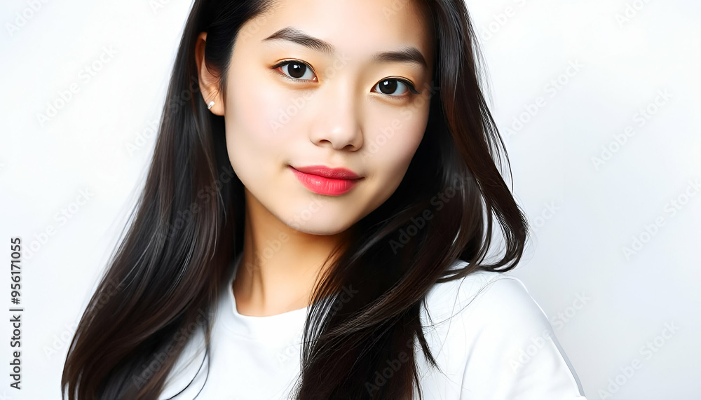 A young East Asian woman with long, dark hair and a serious expression A young East Asian woman with long, dark hair and a serious expression