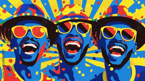 Three Men in Hats and Sunglasses Laugh Joyfully