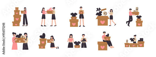 Donation flat illustration set. Include of solidarity, charity, fundarising, empathy, and donation box. Vector illustration isolated transparent background