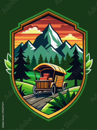 Wooden Wagon Traveling Through Mountainous Landscape at Sunset