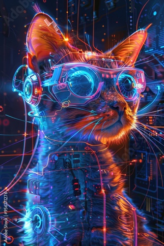 Cyberpunk Cat with Goggles and Neon Lights