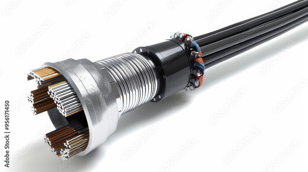 A high-resolution 3D illustration showcasing the intricate structure of an armored submarine fiber optic cable, isolated against a pristine white background. A high-resolution 3D illustration showcasing the intricate structure of an armored submarine fiber optic cable, isolated against a pristine white background.