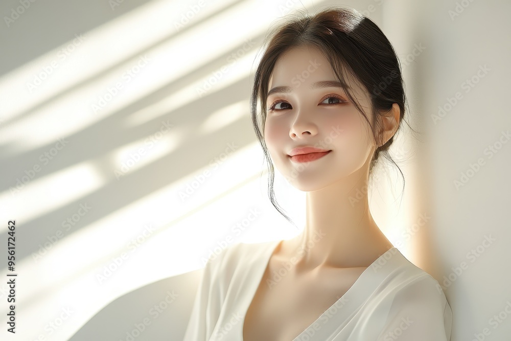 Ethereal Vietnamese Fashion Model in Modern Chic Attire with Subtle Smile Against Light Ray Backdrop Ethereal Vietnamese Fashion Model in Modern Chic Attire with Subtle Smile Against Light Ray Backdrop
