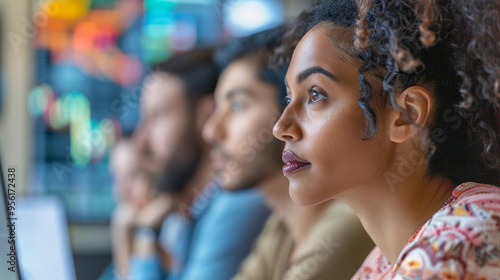 Medium close-up of employees in a video conference, with focused expressions and digital screens in the background.