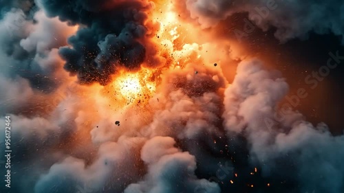 Wallpaper Mural explosion. powerful explosion, featuring bright orange flames and thick smoke. intense energy release and heat effect close up on dark clouds 4k video Torontodigital.ca