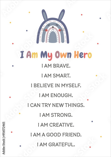 Affirmations for kids. Classroom poster, homeschool decor. I am affirmations. Self-love poster, positive beliefs for inner strength. Wall art affirmations poster with rainbows for playroom, nursery.