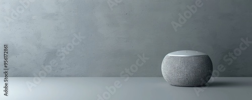 Minimalist gray smart speaker against a plain backdrop