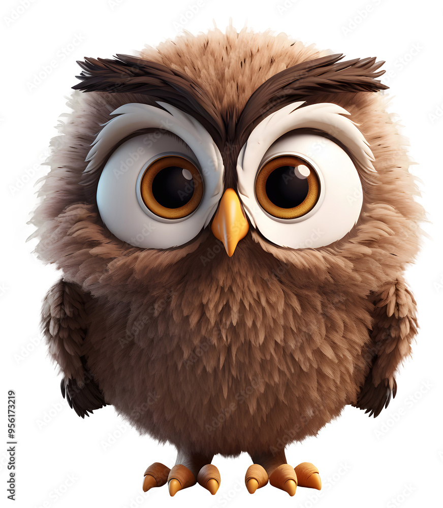 Obraz premium cute owl bird, cartoon, brown color, animal, illustration, 3d character, di-cut, PNG file, isolated background.