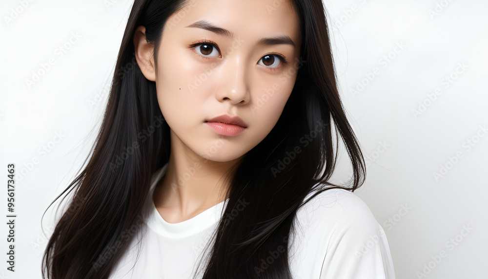 A young East Asian woman with long, dark hair and a serious expression A young East Asian woman with long, dark hair and a serious expression