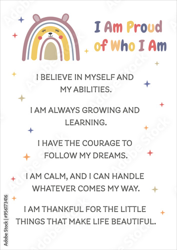 Affirmations for kids. Classroom poster, homeschool decor. I am affirmations. Self-love poster, positive beliefs for inner strength. Wall art affirmations poster with rainbows for playroom, nursery.