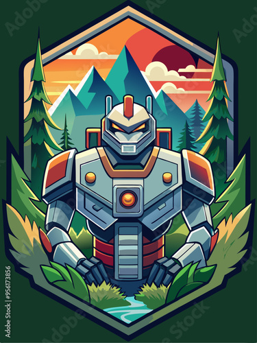 A robot stands in a mountain valley with a stream.