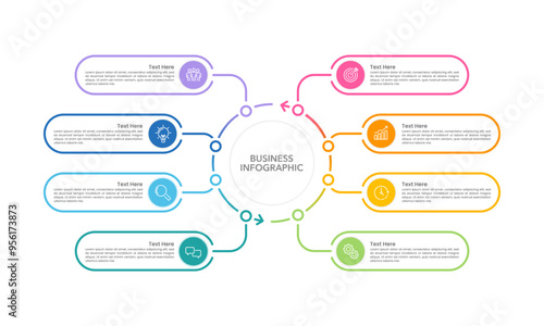 Circle infographic with 8 colorful options design template. Business presentation, Communication, Organization and Project. Vector illustration.