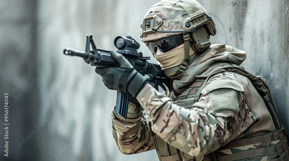 Obraz premium Soldier with weapon in hand moves through tactical labyrinth
