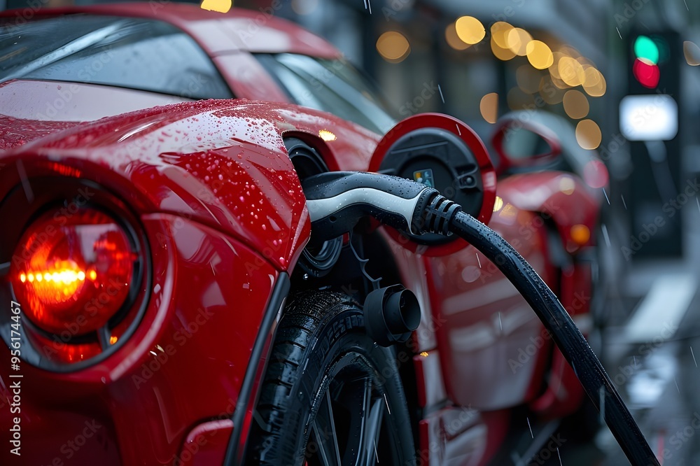A close-up view of a red electric sports car charging at a city street A close-up view of a red electric sports car charging at a city street
