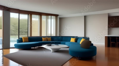 Modern living room interior with a sofa, table, featuring luxury design elements, comfortable furniture and windows that let in natural light.
