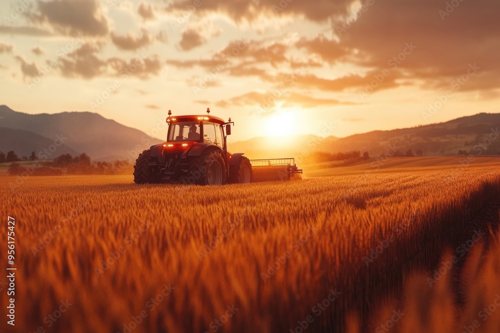 Fototapeta premium Tractor baling wheat field at sunset