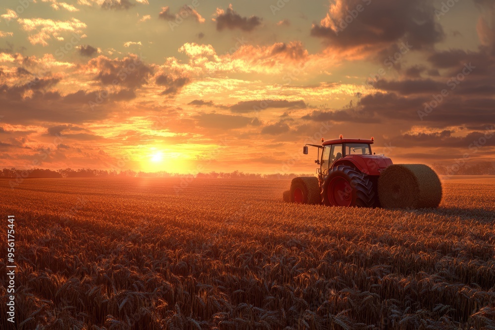 Tractor baling wheat field at sunset Tractor baling wheat field at sunset