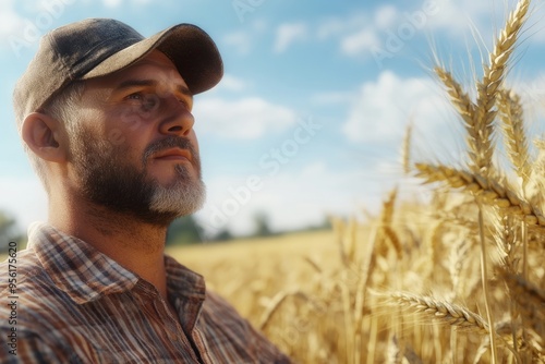 Wheat quality check. Farmer with ears of wheat in a wheat field. Harvesting. Agro business.