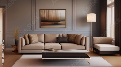 Modern living room interior with a sofa, table, featuring luxury design elements, comfortable furniture and windows that let in natural light.
