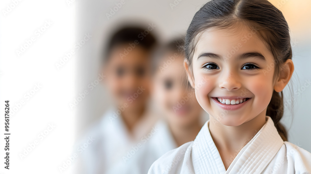 Happy young girl in karate uniform with classmates in background Happy young girl in karate uniform with classmates in background