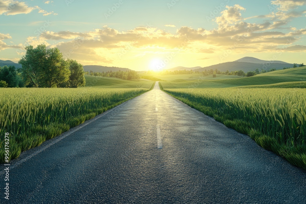 Naklejka premium Country road and green wheat fields at sunrise
