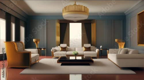Beautiful and luxurious living room interior with a sofa, table, chandeliers, stylish furniture and elegant design.	