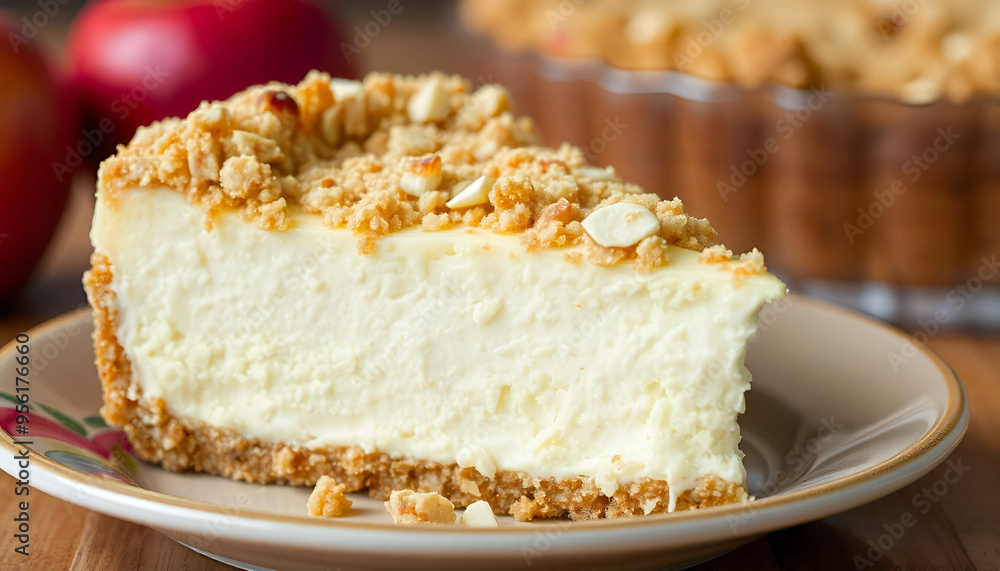 A slice of creamy cheesecake topped with a crunchy streusel topping, served on a plate with a red apple in the background A slice of creamy cheesecake topped with a crunchy streusel topping, served on a plate with a red apple in the background