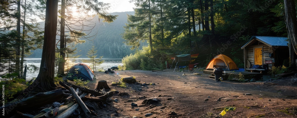 Peaceful lake campsite with tents and forest backdrop Peaceful lake campsite with tents and forest backdrop