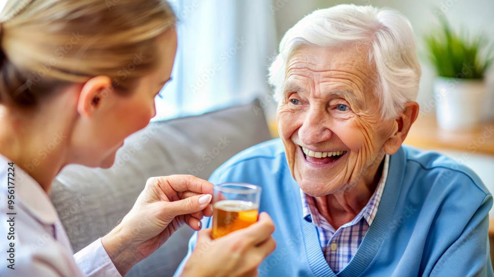 Happy elderly man smiles while receiving a glass of juice from a caregiver. caring for the elderly, senior health, happy retirement. Happy elderly man smiles while receiving a glass of juice from a caregiver. caring for the elderly, senior health, happy retirement.