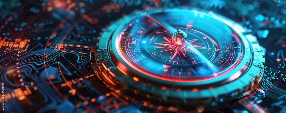 custom made wallpaper toronto digitalClose-up of compass overlayed on cityscape background.