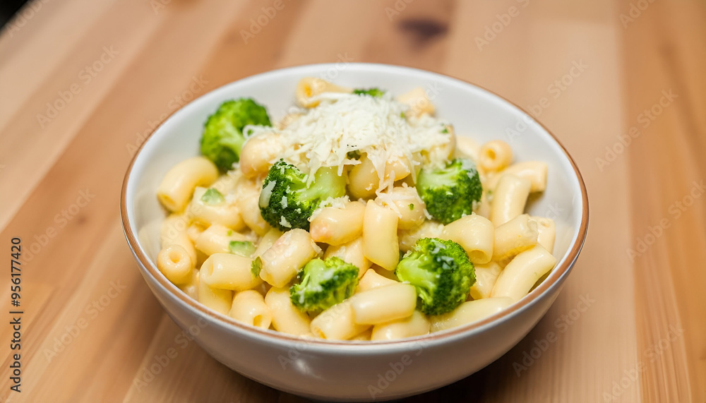 A bowl of macaroni and cheese with broccoli florets, a creamy cheese sauce, and a golden breadcrumb topping A bowl of macaroni and cheese with broccoli florets, a creamy cheese sauce, and a golden breadcrumb topping