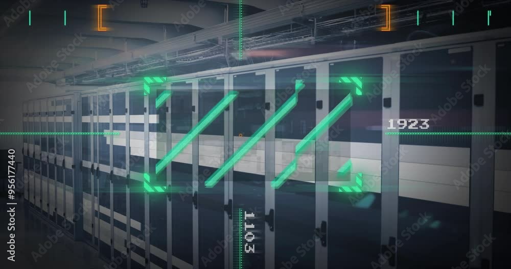 Data processing animation over server racks in data center Data processing animation over server racks in data center