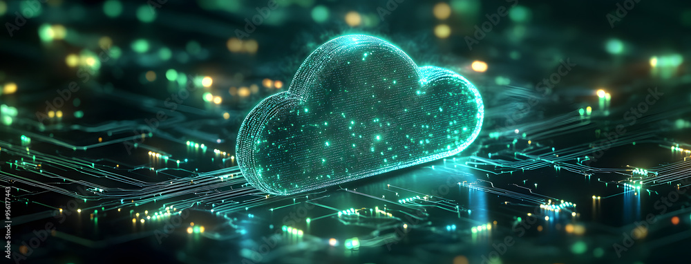 “Digital Background Featuring a Glowing Cloud Icon with Circuit Lines ...