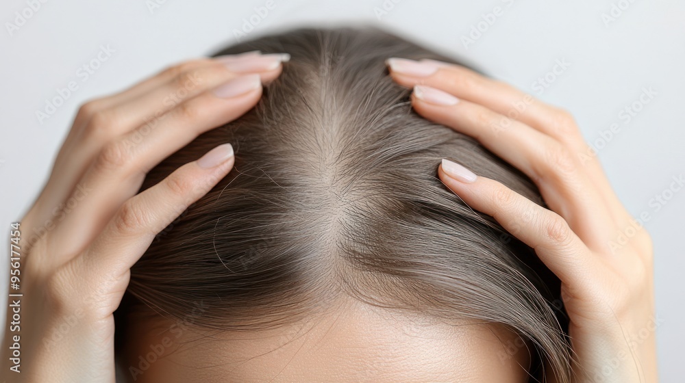 Naklejka premium Hair loss concept. A close-up of the woman's hands touching her hair shows signs of thinning and sparse areas on the top of her head. on a white background.