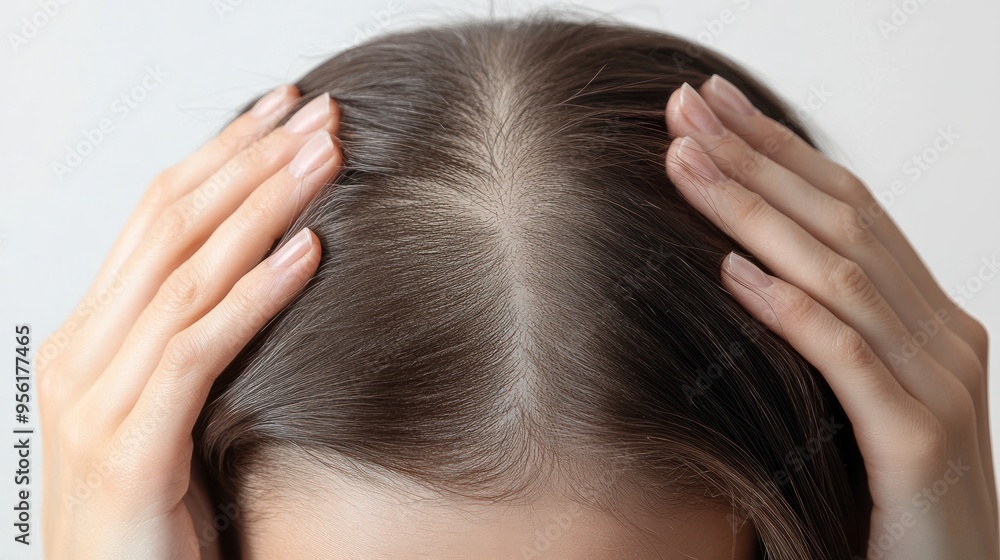 Fototapeta premium Hair loss concept. A close-up of the woman's hands touching her hair shows signs of thinning and sparse areas on the top of her head. on a white background.