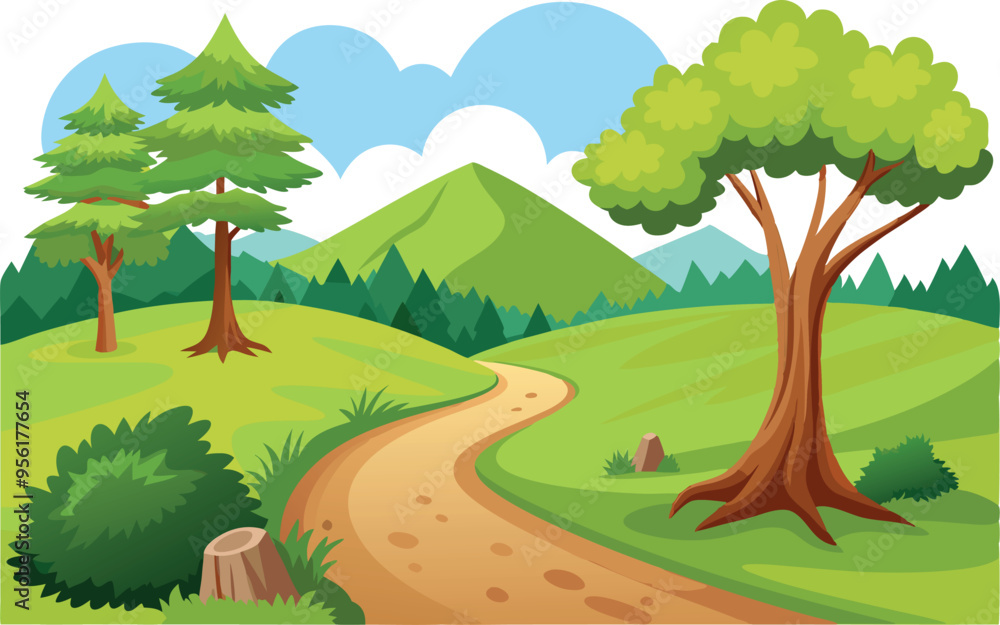 Fototapeta premium Winding dirt path leading through a lush green valley