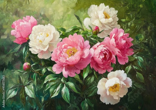 Oil painting of vibrant blooming peonies in lush green surroundings showcasing the beauty of nature and floral elegance