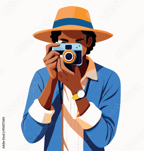 Young male photographer taking pictures with retro camera-