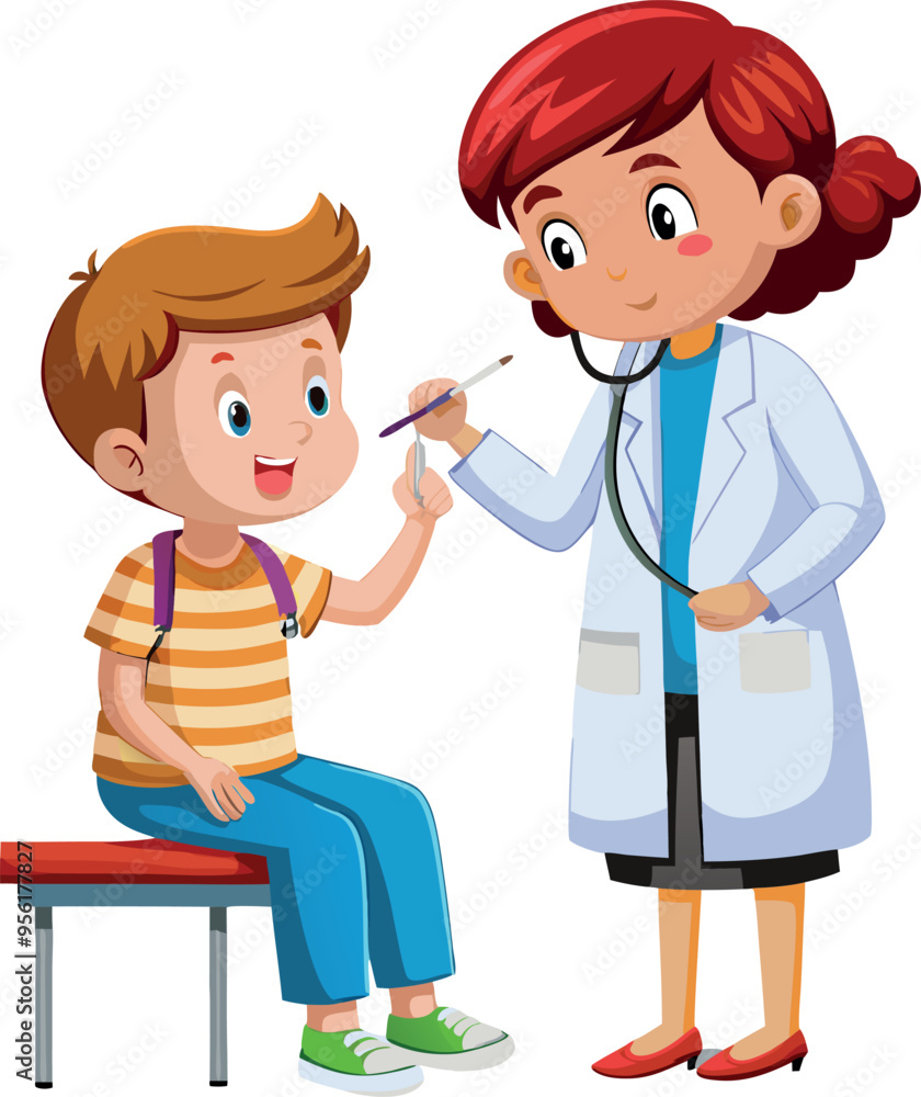 Female doctor examining a boy wearing a mask- Female doctor examining a boy wearing a mask-