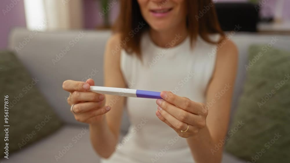 Young woman holding a pregnancy test while sitting in a living room at home with green cushions and blurred background Young woman holding a pregnancy test while sitting in a living room at home with green cushions and blurred background