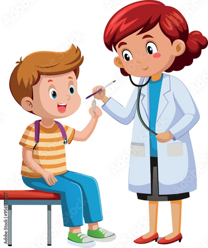 Female doctor examining a boy wearing a mask-