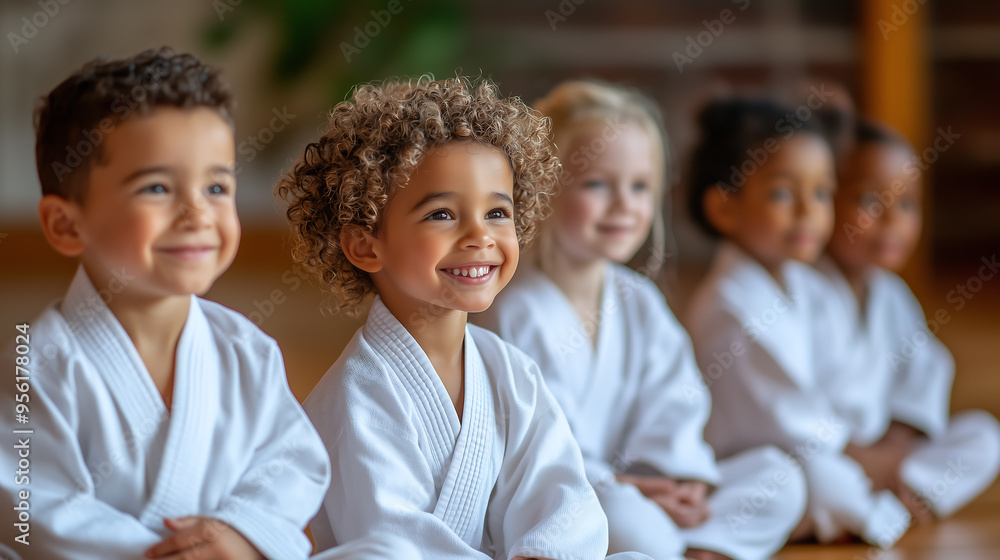 Group of smiling children in karate uniforms sitting in dojo Group of smiling children in karate uniforms sitting in dojo