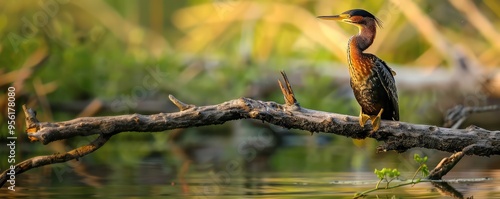 Bird perched on a branch over watery background at sunset. photo