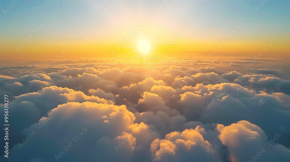 Aerial view above clouds with sunset