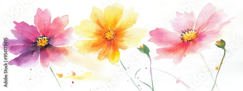 Watercolor painting of cosmos flowers with a bud