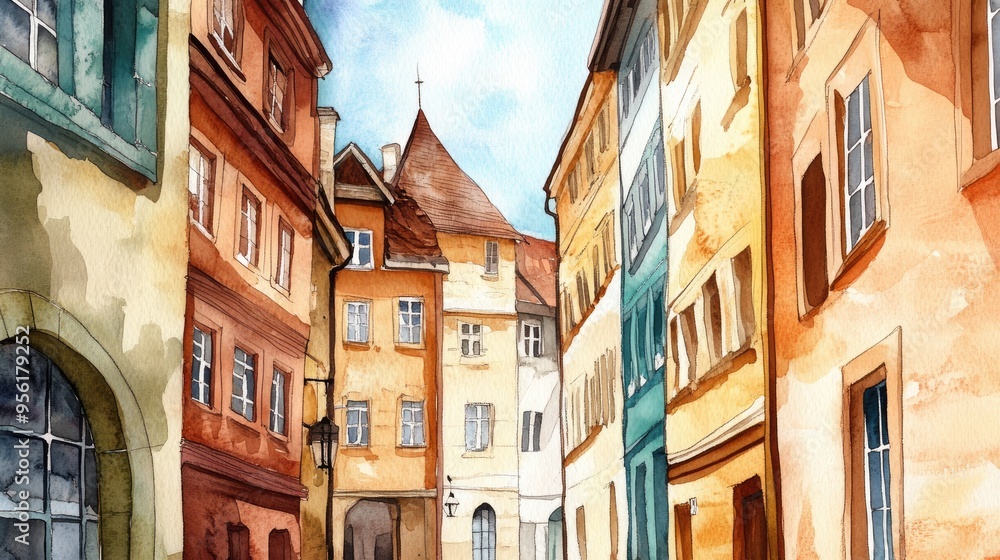 Watercolor illustration showcasing a charming perspective of traditional European urban architecture Watercolor illustration showcasing a charming perspective of traditional European urban architecture