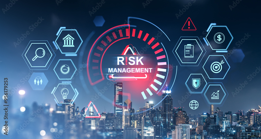 Obraz premium Risk management concept hologram with icons on cityscape background at night.